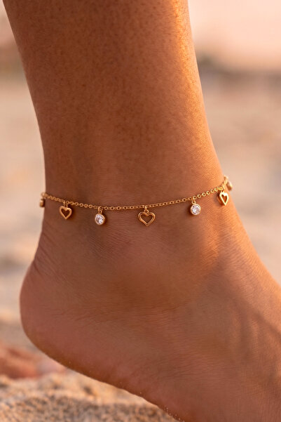 Elika Silver Zircon Stone Heart Model Dangle Anklet