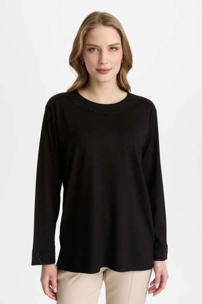 Mutlu Ertan Omzu Women's Long Sleeve Blouse with Diamond Stone 30464-Black