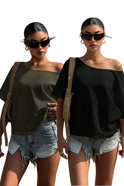 Tarz Cool Tricou de bază oversize pentru femei, cu umeri goi – Tricou lejer d...