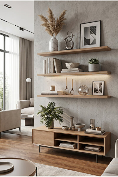 Enarts Premium MDF Raf Gizli Montajlı Meşe Renk Uçan Raf 15x100 cm 3 Adet Çok amaçlı Kitaplık Mutfak Banyo Salon Rafı