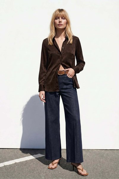 Sateen Hidden Placket Shirt - Brown