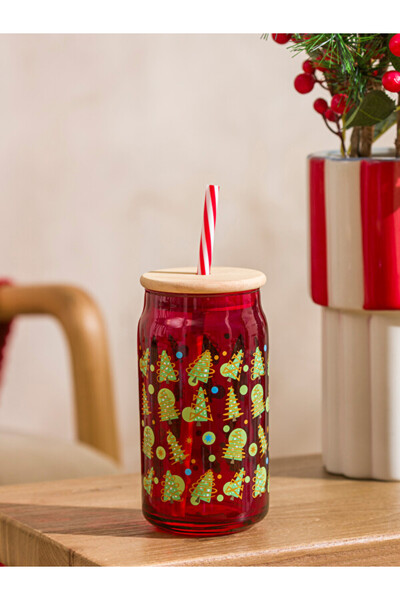 LC Waikiki Rmz Gi̇yi̇m Farkiyla Printed Glass Cup with Straw 450 ml