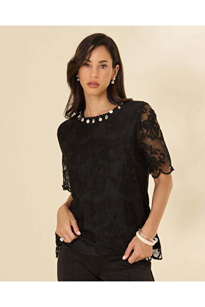 REDTAG Women's Black Embellished Lace Blouse