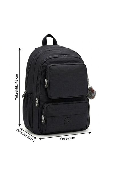 Kılinkır Crinkle Fabric Waterproof Black Backpack Multi-Compartment High Scho...