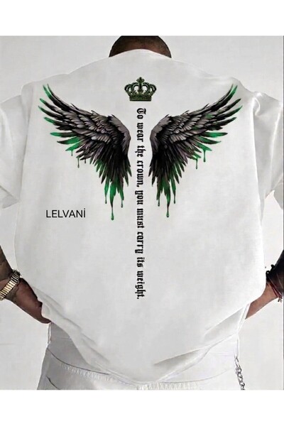 LELVANİ Men's Crown Printed Winged Bird Detail Crewneck T-Shirt