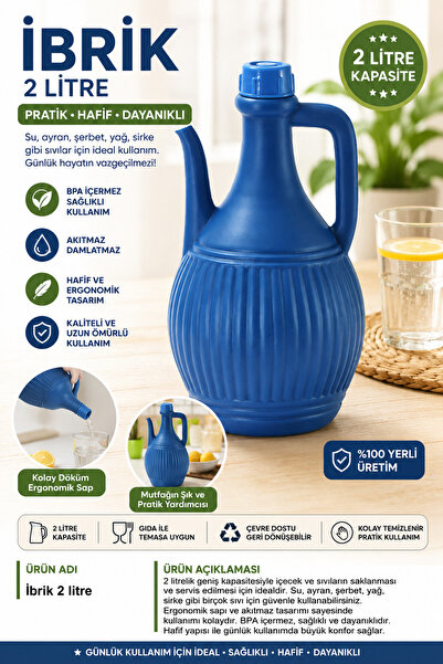 Olgun Home 2 Litre Plastik İbrik Kapaklı Su Kabı Abdest İbriği Çok Amaçlı Erg...