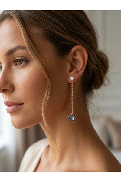 Nuggita Blue Heart Chain Steel Earrings 7 cm