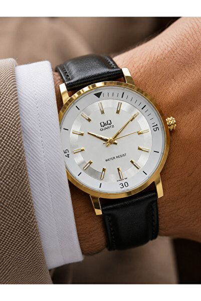 Q&Q Men's Wristwatch with Black Leather Strap, Casual & Classic, Gift Boxed