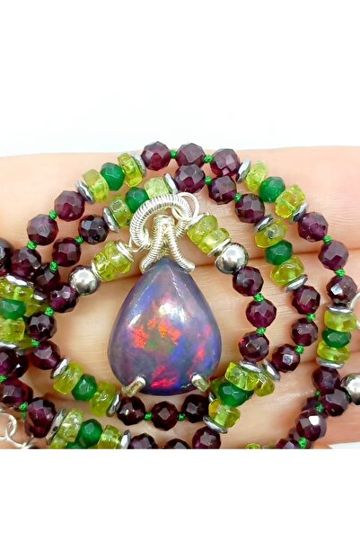 Sibelce 2815 Ateş Opal Garnet(Lal) Zebercet Yeşim Hematit Gümüş(925) aparatlı...