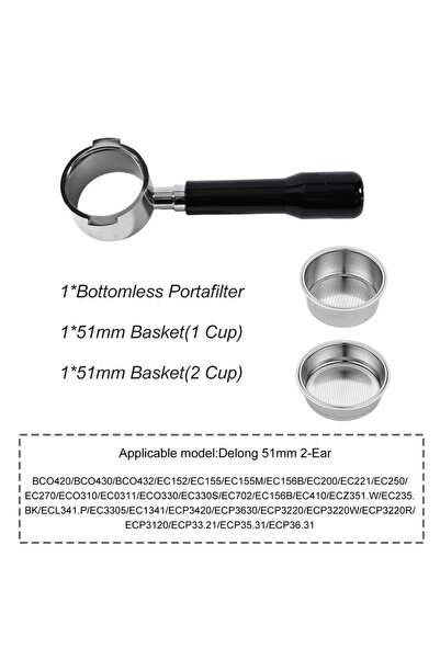 Choice11 51MM 2Ear-Black 51mm 2Ears Bottomless Naked Portafilter 1/2Cups for ...