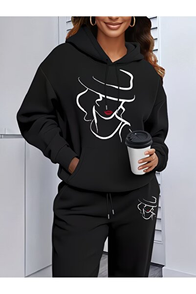 WOODROFFE Unisex Hooded Women's Figure Printed Oversize Hooded Tracksuit Set