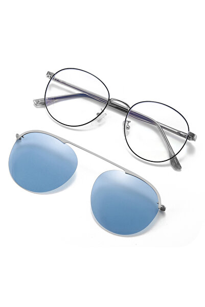 Choice Blue New Round Frame Men's And Women's Sunglasses Set, Two In One Pola...