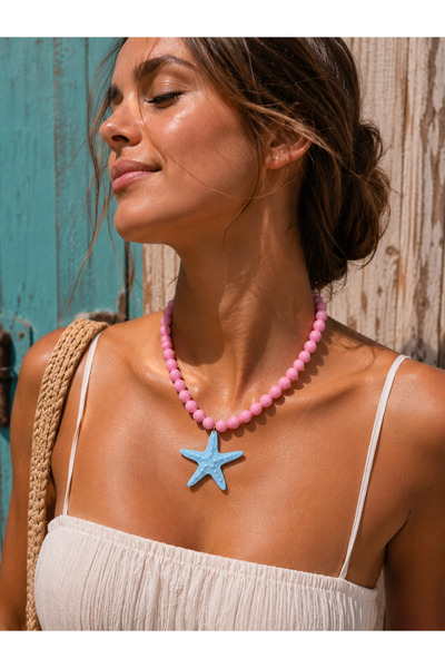 BEAD BERRY Yazlık Mavi Deniz Yıldızlı Pembe Boncuk Kolye