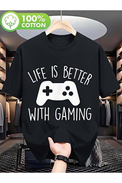 NOURAM تي شيرت رجالي بتصميم كلاسيكي للألعاب - شعار LIFE IS BETTER GAMING وتصم...