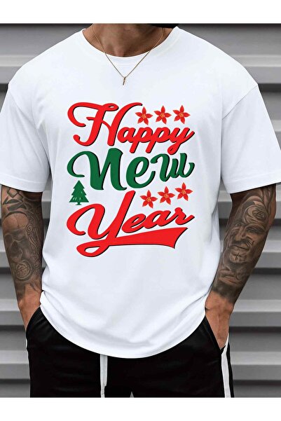 NOURAM تي شيرت Happy Year Tee Christmas Plain للرجال 180 جرام 100% أبيض |   م...