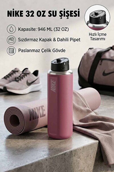 Nike 32 Oz (946 ml) Paslanmaz Çelik Su Şişesi / Spor Matarası - Pembe