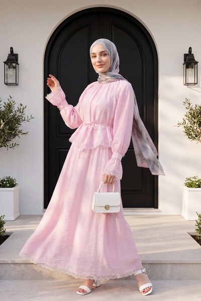 Modamorfo Flam Tulle Set with Lace Detail on the Ends, Belted and Lined - Powder