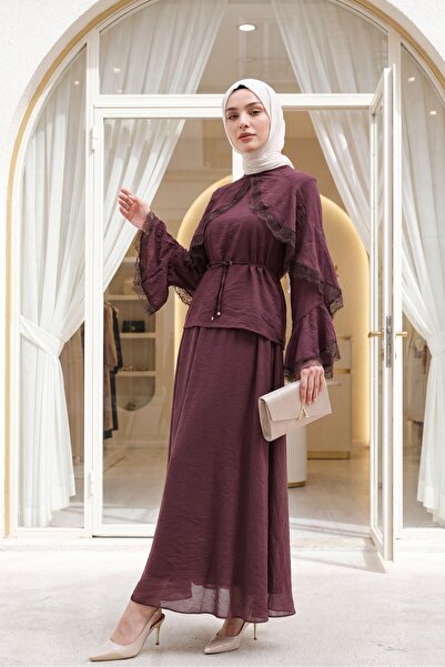 Modamorfo Lace Detailed Spanish Sleeve Lined Belted Tulle Voile Skirt Set - D...