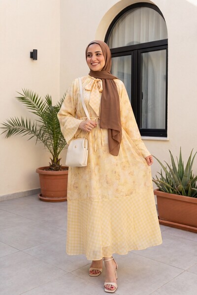 Modamorfo Patterned Lined Chiffon Dress with Tie at the Neck and Waist - Yellow