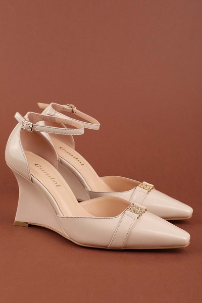 Gondol Genuine Leather Wedge Heeled Evening Dress Shoes Brgl.6106 Beige Paten...