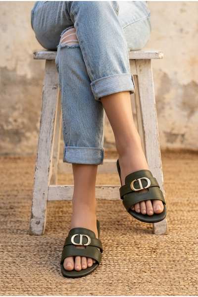 ShoeTek Whins Women's Slippers Flat Bottom Front Buckle Khaki Green Leather