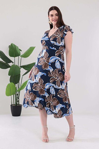 Madwilo Women's Navy Blue Floral Pattern Ruffle Sleeve Double Breasted Collar...