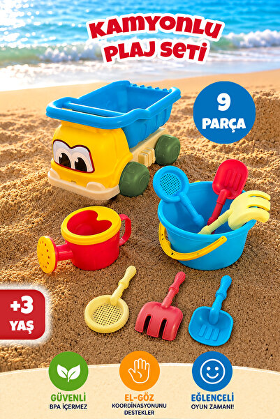 Meleni Toys 9 Parça Kamyonlu Plaj Seti - Sulama Kabı Kürek Tırmık ve Mavi Kov...