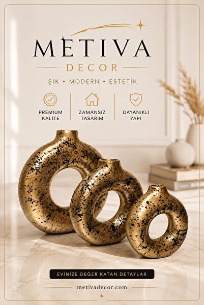 METİVA Lüks Gold Siyah Desenli 3'lü Donut Vazo Seti - Estetik Oda Aksesuarı S...