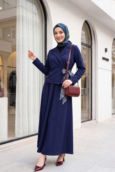 Modamorfo Shirt Collar Side-Tie Skirt Dabıl Set - Dark Blue