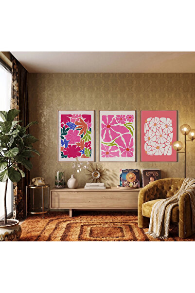 KOLAJTASARIM Compoziție florală roz vibrant, set de 3 tablouri cu ramă din le...