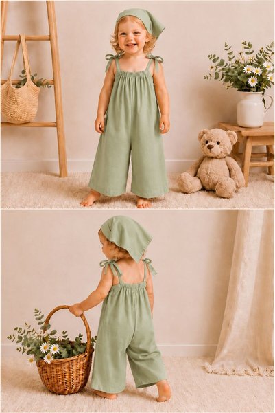 Moda Lina Baby Kız Çocuk Mint Yeşili Askı Bağlama Detaylı Bol Paça Tulum ve Bandana Takımı