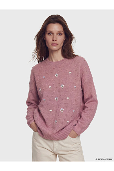 LC Waikiki Lcw Modest Pink Crew Neck Floral Embroidered Women's Knitwear Tunic