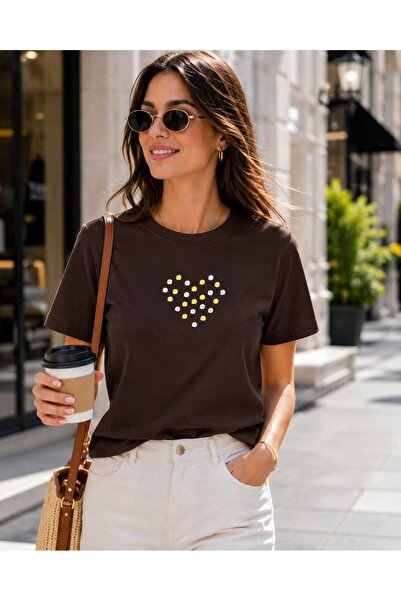 yubistitch Tshirt Embroidered Heart Daisy - Combed Cotton - Brown
