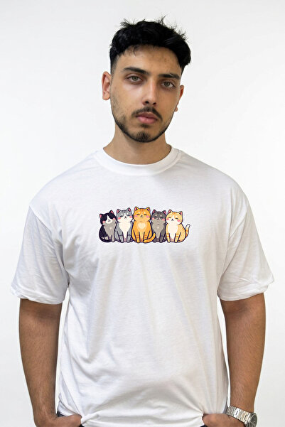 Anetos Cute Cats Design Printed Oversize White T-Shirt