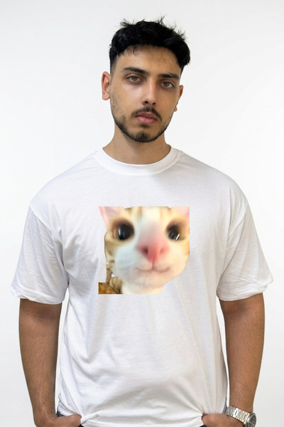 Anetos Cat Meme Design Printed Oversize White T-Shirt