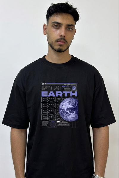 Anetos Μαύρο μπλουζάκι με σχέδιο Planet Earth, με στάμπα και σε μεγάλο μέγεθος