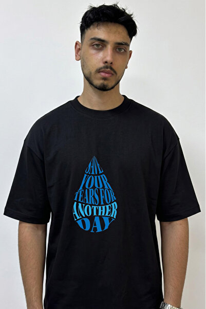 Anetos Save Your Tears Design Printed Oversize Black T-Shirt