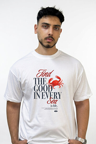 Anetos Red Crab Design Printed Oversize White T-Shirt