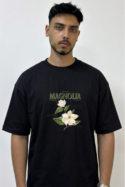 Anetos Magnolia Design Printed Oversize Black T-Shirt