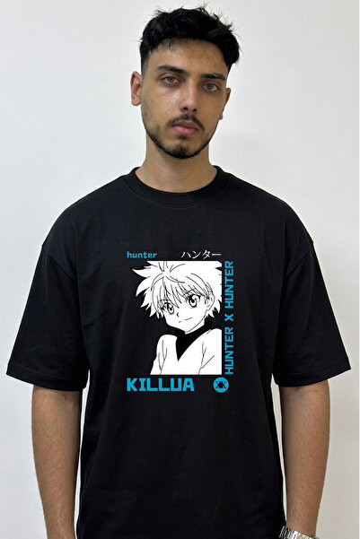 Anetos Killua Hunter X Hunter Design Printed Oversize Black T-Shirt