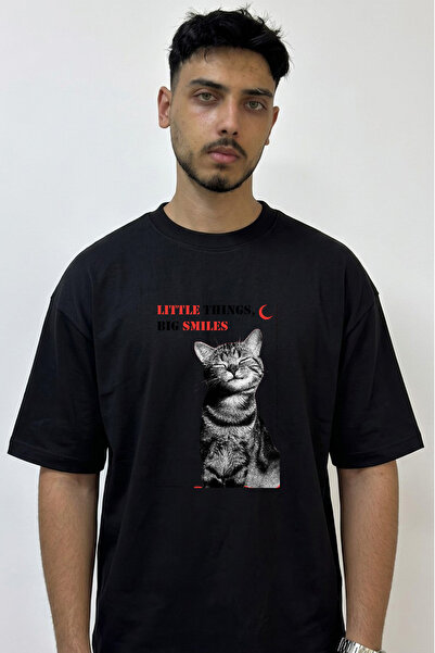 Anetos Smiling Cat Design Printed Oversize Black T-Shirt