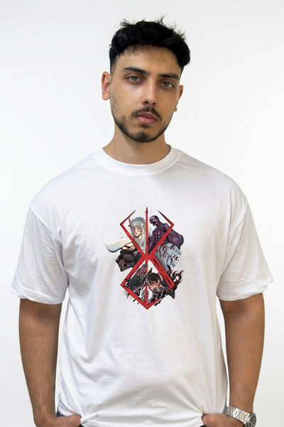 Anetos Berserk Brand Sacrifice Design Printed Oversize White T-Shirt