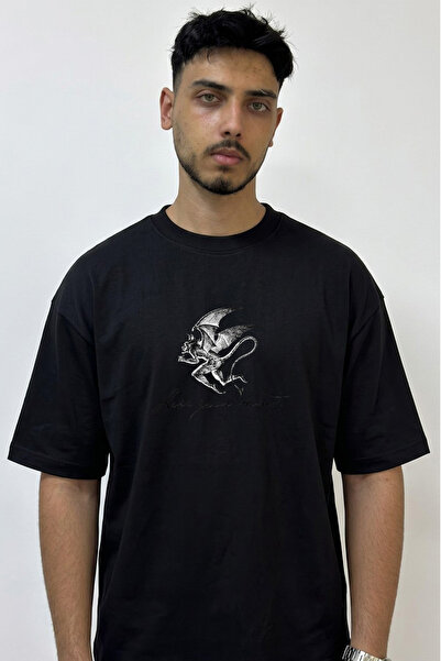 Anetos Gargoyle Devil Design Printed Oversize Black T-Shirt