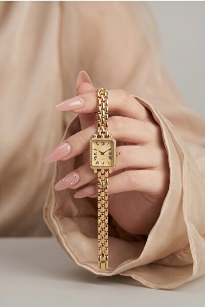 KLISHE Butik Vintage Women's Steel Watch Gold Color Rectangular Case Roman Nu...