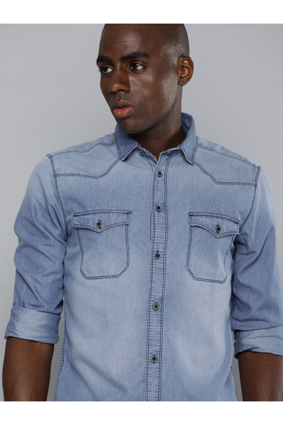 The Indian Garage Co By Styli Men Slim Fit Solid Denim Shirt