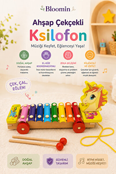 Bloomin Kutulu Ahşap Tekerli Unicorn Figürlü Çekçek Selefon , Ksilofon Ahşap ...