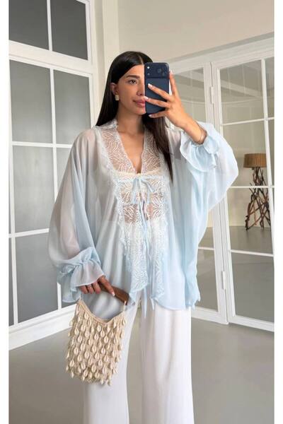 manana fashion Lace Detailed Asymmetrical Cut Chiffon Kimono