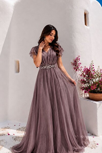 HİRAMİR Kadın Büyük Beden Taş Kemer Detaylı Abiye Elbise YZ2738
