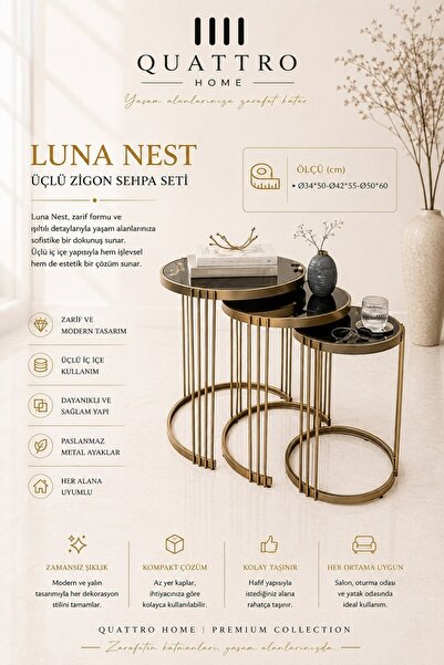 QUATTRO HOME Luna Nest 3'lü Zigon Sehpa Seti Gold Metal Cam Modern Dekoratif ...