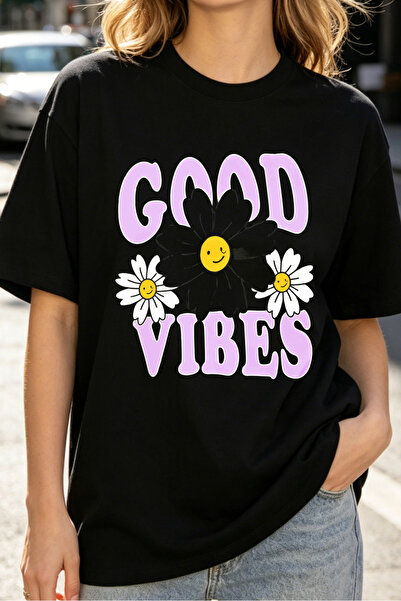 Fleck تي شيرت نسائي بطبعة زهرة ديزي من Good Vibes، تي شيرت برسومات صيفية غير ...